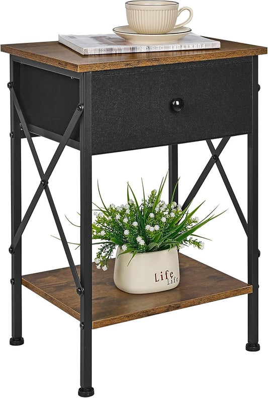 VECELO Nightstand, X-Design End Side Table with Fabric Storage Drawer and Open Shelf, Bedside Night Stand with Steel Frame for Bedroom, Living Room,Dorm, Easy Assembly, Antique Brown