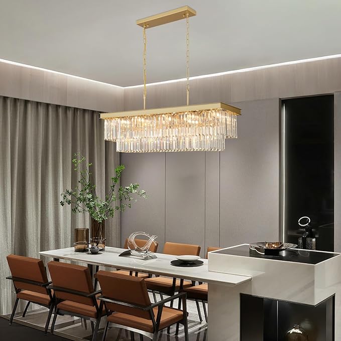 Crystal Chandeliers for Dining Room Light Fixtures Over Table，15-Lights Gold Modern Rectangle Chandeliers for Kitchen Island Bar