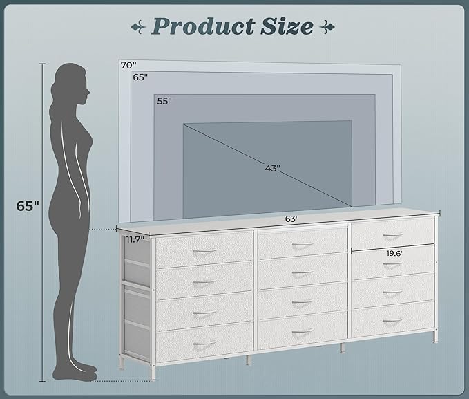 PRAISUN 63 Inch Long Dresser TV Stand for 65, 70 Inch TV, 12 Drawer Dresser for Closet, Bedroom, Large Fabric Drawers, Entryway Hallway Chest of Drawers, Wooden Top, Media Console, PU Leather, White