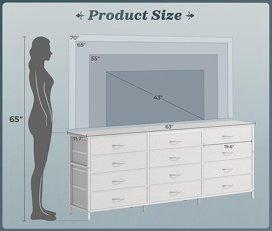 PRAISUN 63 Inch Long Dresser TV Stand for 65, 70 Inch TV, 12 Drawer Dresser for Closet, Bedroom, Large Fabric Drawers, Entryway Hallway Chest of Drawers, Wooden Top, Media Console, PU Leather, White