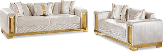 Furniture of America Samison II Glam 2-Piece Solid Wood Upholstered Sofa Set with Accent Pillows, Damask Pattern and Gold Base, Comfortable Couch and Loveseat for Living Room, Bedroom, Office, Beige