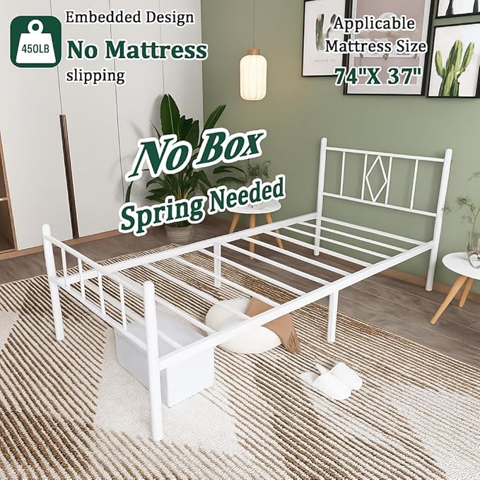 14 Inch Twin Size Bed Frames with Headboard/Footboard, Under Bed Storage, Strong Metal Slats Support, No Box Spring Needed, Noise Free, Easy Assembly, White