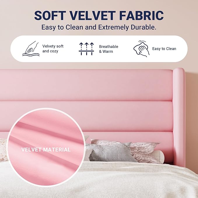 Allewie Full Size Platform Bed Frame with Velvet Upholstered Wingback Headboard, No Box Spring Needed, Under Bed Storage Space, Strong Wooden Slats, Modern Mattress Foundation, Easy Assembly, Pink