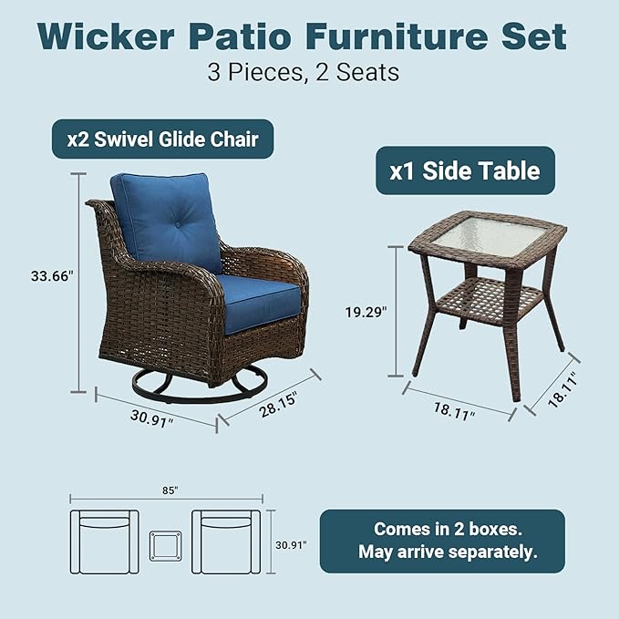 Patio Furniture Set, 3PCS Outdoor Wicker Conversation Set Porch Furniture with 6" Thick Cushions, High Back Swivel Chairs, Weather Resistant Olefin Fabric for Garden, Poolside, Navy Blue