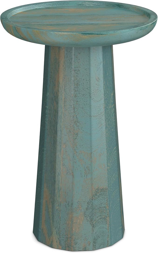 SIMPLIHOME Dayton End Table - 13 inch Wide Solid Mango Wood Round Accent Table in Teal Wash, Handcrafted Contemporary Nightstand or Lamp Stand for Living Room with Textured Finish, Assembled