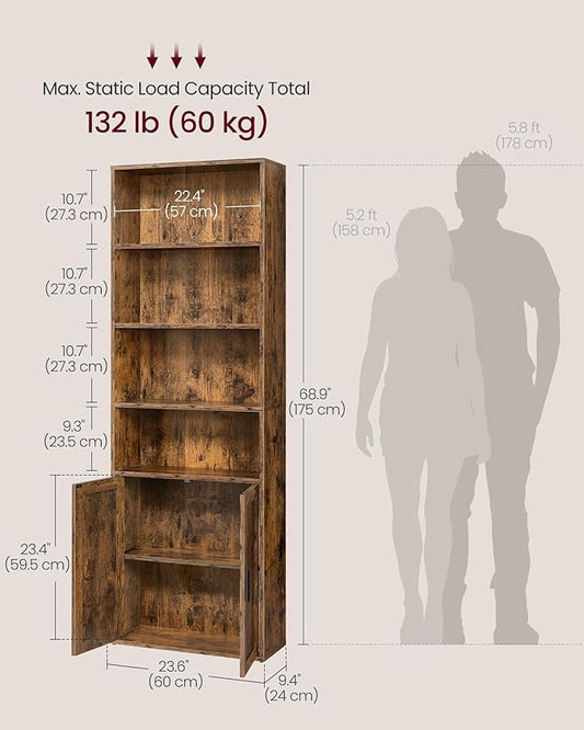 VASAGLE Custos Collection - Bookshelf, 6-Tier Tall Bookcase, Book Shelf with Doors, Open Storage Shelf, 9.4 x 23.6 x 68.9 Inches, for Living Room, Home Office, Dining Room, Rustic Brown ULBC402K01