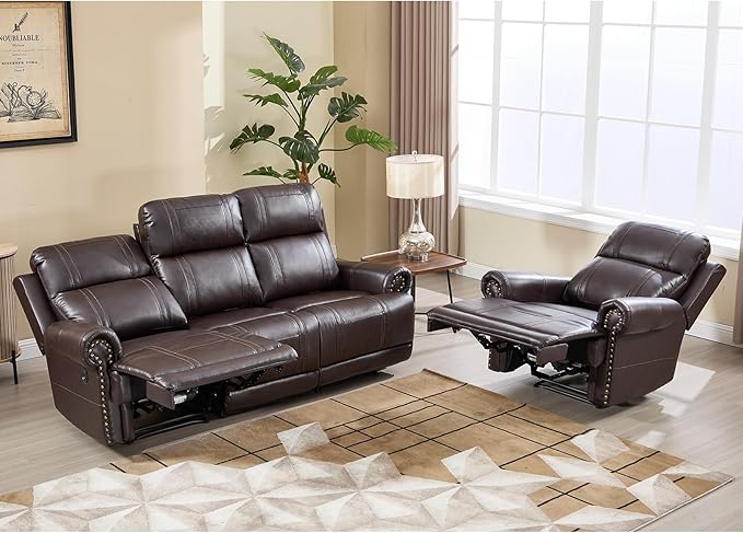 EBELLO Faux Leather Electric Reclining Sofa Set, Power Recliner Four Seats Sofa Set, a Chair and a 3-Seat Sofa with USB and Type-C Charging Ports, Vintage Rivet Design for Small Living Room, Brown