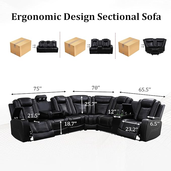 Power Recliner Sectional Sofa with LED Light, Breathing Leather Recliner Sofa Couch with USB Port/Cup Holder/Storage for Living Room (6 Seat Reclining Sectional Couch) (All Black Upgraded Version)