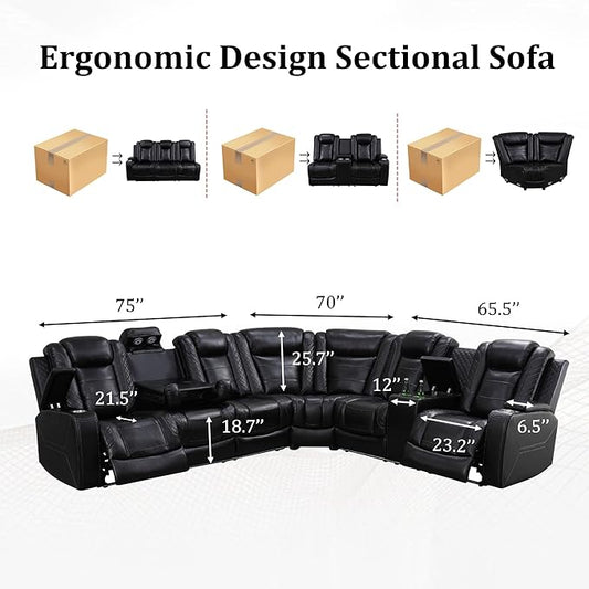 Power Recliner Sectional Sofa with LED Light, Breathing Leather Recliner Sofa Couch with USB Port/Cup Holder/Storage for Living Room (6 Seat Reclining Sectional Couch) (All Black Upgraded Version)