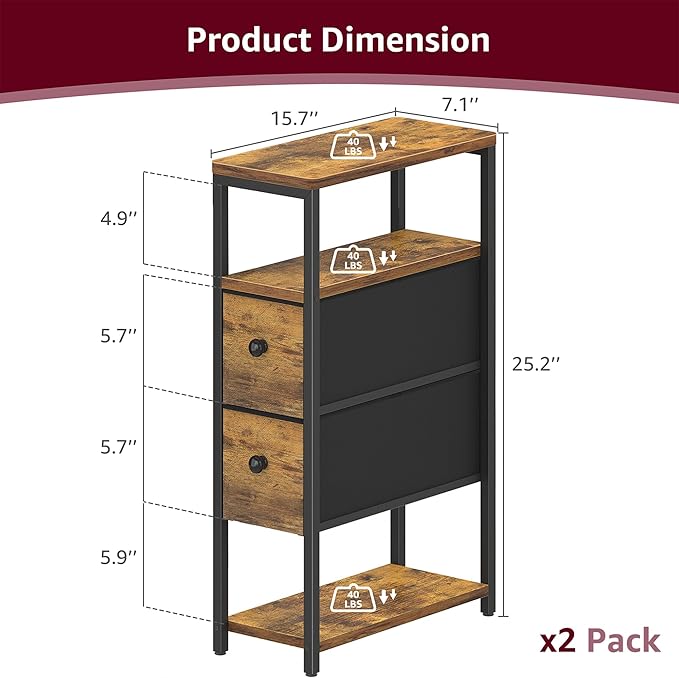 Narrow Nightstands Set 2 - Skinny Side Table Slim Night Stand for Small Space Bedroom Thin Bedsides Tables with 2 Drawers, Farmhouse Brown