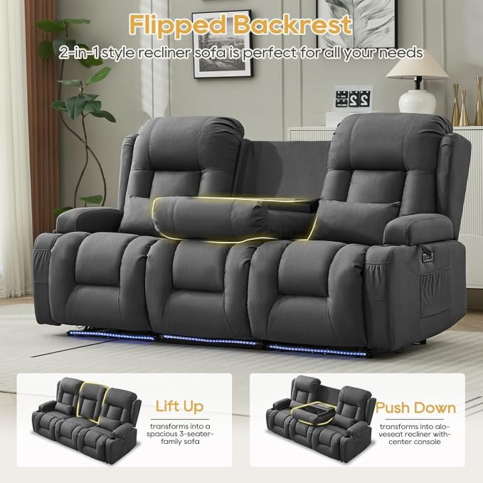 IPKIG Power Recliner Sofa with Flip-Up Backrest Console, USB & USB-C Ports, AC Outlet, LED Lights, Wall Hugger Recliners for Living Room, RV (Grey, 76.8" - 3 Seat) | Leathaire Fabric, Zero Gravity, Dual Reclining, 2 Lumabr Pillow