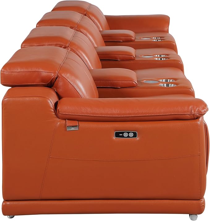 Blackjack Furniture Venice Top Grain Italian Leather Power Recline 7 Piece 4 Seater Sofa - 175" Theater Seating Modern Couch for Living Room Apartment with Adjustable Headrests & USB Port, Camel