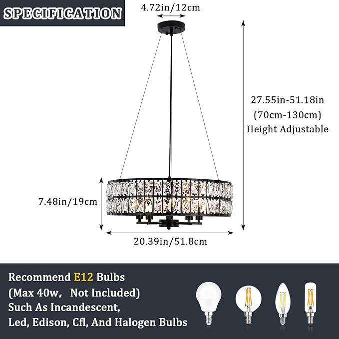 20" Black Crystal Chandelier, 5-Light Modern Dining Room Light Fixture Over Table Adjustable Height Hanging Industrial Pendant Lights Kitchen Island,Living Room Bedroom Entryway Foyer