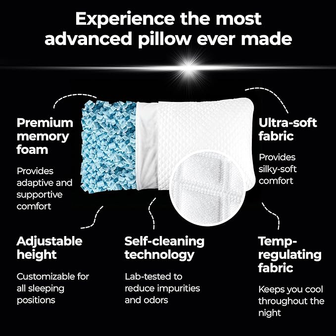 Silvery Silver Infused Restcool Bed Pillow - Adjustable Memory Foam Fill with Self-Cooling Fabric - Self-Cleaning Technology that Stays Fresh 3X Longer (White, Queen)
