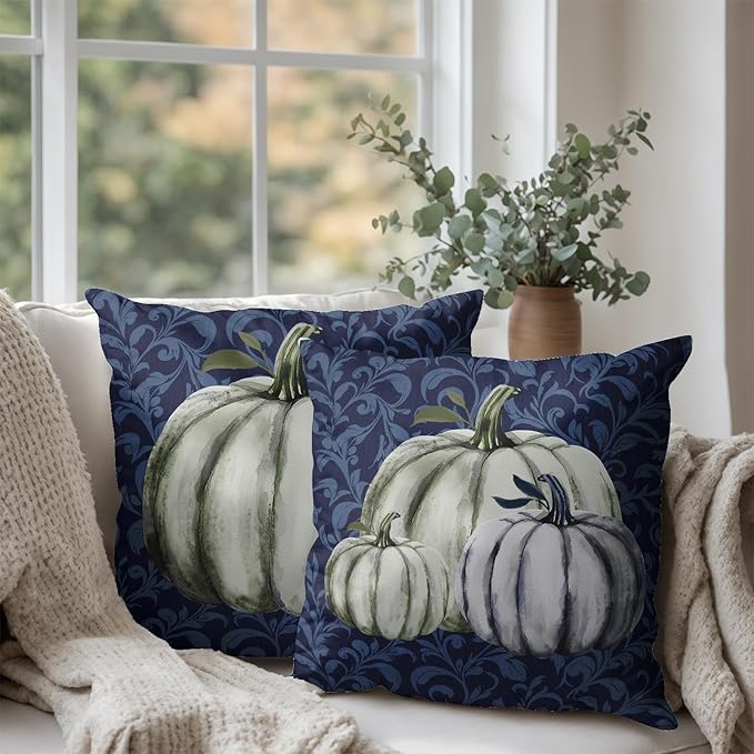Fall Decorative Throw Pillow Covers 18 x 18 Inch Set of 2 Navy Blue White Pumpkin Outdoor Pillow Covers Autumn Thanksgiving Harvest Cushion Case for Farmhouse Living Room Decor