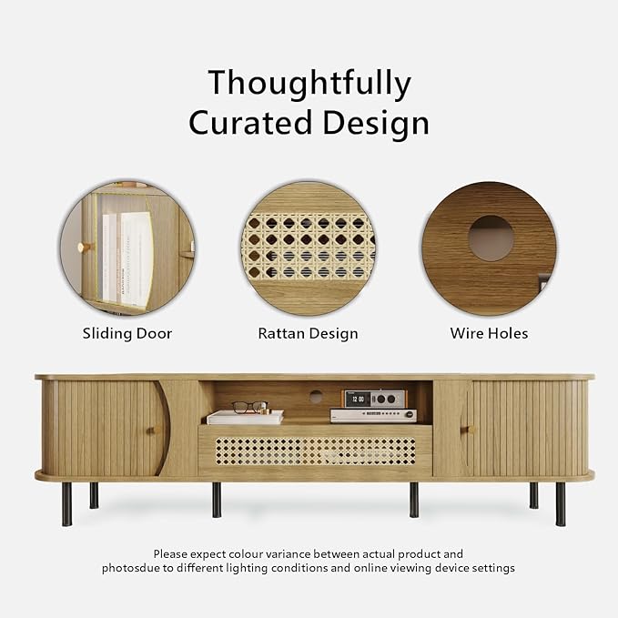 basenji 71" Fluted TV Stand with Sliding Doors & Rattan,Mid Century Modern Entertainment Center with Storage,Curved Edge Design,Media Console for TVs up to 85",TV Consoles for Living Room,Wood
