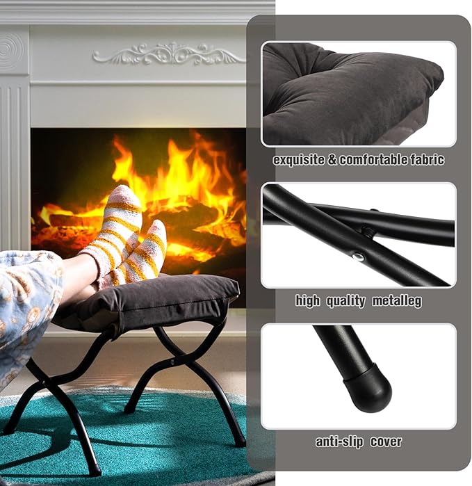 AbocoFur 15"(H) Folding Footrest Stool, Accent Padded Sofa Foot Stool for Lazy Chair, Upholstered Small Foldable Ottoman, Metal Frame Portable Foot Rest Ottoman for Living Room, Bedroom, Smoky Grey