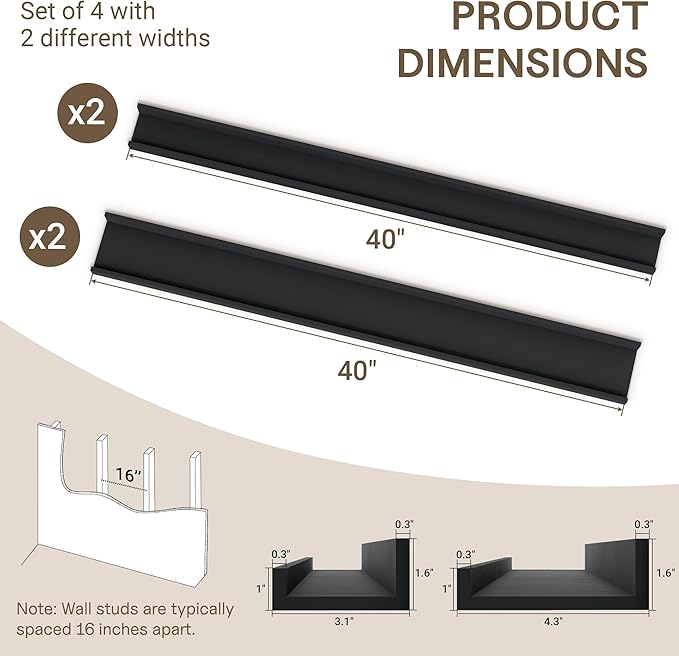 Fun Memories 40 Inch Floating Shelves for Wall - Wall Shelves with Lip Set of 4 - Nursery Bookshelf for Storage - Picture Ledge Shelf for Bedroom - Living Room - Kitchen - Black Color