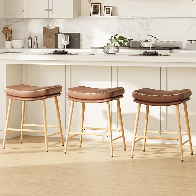 Bar Stools Set of 3, Counter Height Bar Stools with Thick PU Leather Saddle Seat & Sturdy Metal Frame Legs,Backless Bar Stools for Kitchen Island Dining Cafe,Brown