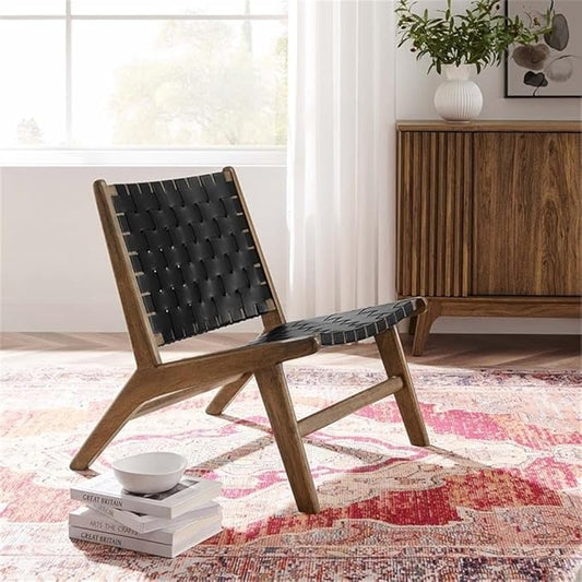Modway Saoirse Faux Leather Wood Accent Lounge Chair in Walnut Black