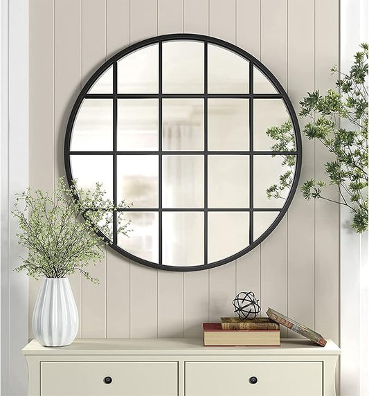 36 Inch Round Grid Wall Mirror, Metal Framed Window Pane Circle Mirror, Accent Decorative Mirrors, Circle Window Mirrors for Entry, Living Room, Bedroom, Matte Black