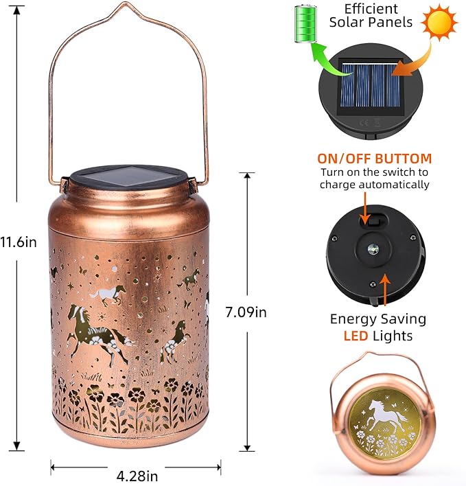 Horse Solar Lanterns Outdoor Waterproof Garden Decor Birthday Gifts for Women Men Horse Hanging Solar Lights Metal Bird Decorative Lantern for Yard, Patio, Lawn,Porch,Deck