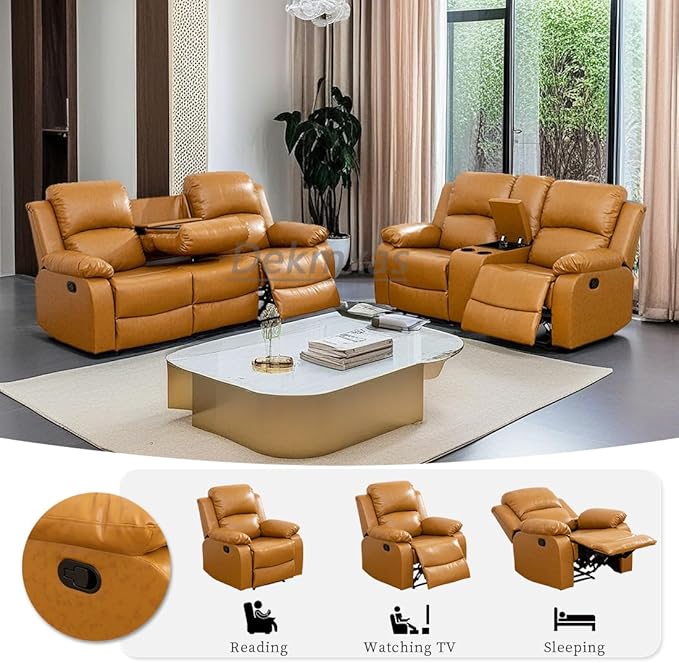 2PCS Reclining Couch Living Room Furniture Sets Manual Recliner Sofa Set Bonded Leather Sofa and Loveseat with Drop-down Table/Cup Holders/Storage Console for Home/Office/Rv Car (Ginger,Sofa+Loveseat)