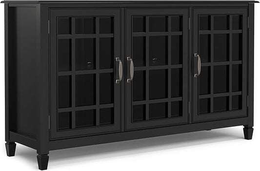 SIMPLIHOME Connaught Storage Cabinet - 60 inch Wide Solid Wood Buffet in Black, Traditional Sideboard for Dining Room, Entryway, or Living Room with Glass Doors, Adjustable Shelves, and Notched Legs