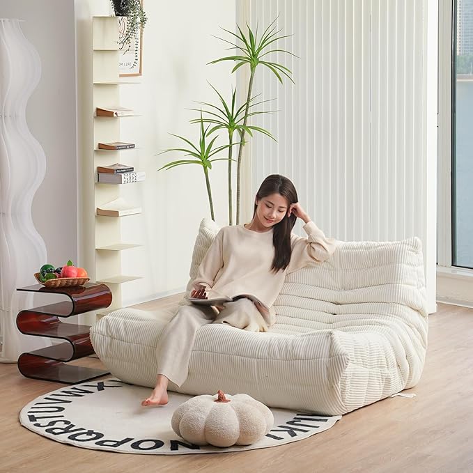 N&V Fireside Loveseat, Mid Century Armless Twin Size Floor Sofa, Soft Premium Corduroy Floor Lounge Chair, Foam Sofa Accent Chair for Living Room Bedroom and Office (Beige)