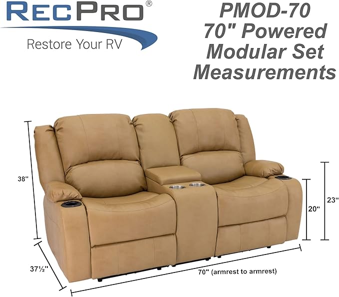 RecPro Charles 70" Powered Double RV Wall Hugger Recliner Sofa | Loveseat | RV Furniture with Upgraded 2023 Fabric (Toffee)