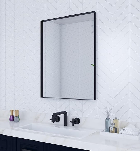 VocalStar Black Metal Framed Bathroom Mirror for Wall, 24 x 32 Inch Square Corner Rectangle Black Bathroom Vanity Mirror Modern Farmhouse, 1/4-inch Shatterproof Glass | Ultra-Flush Hanging