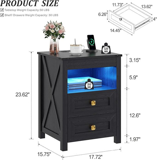 Farmhous Nightstand with Gun Drawer,Bedside Table with Charging Station, Gun Night Stand with LED Light & Human Sensor,Smart End Table for Bedroom, Black