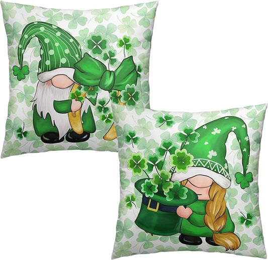 St Patricks Day Gnomes Throw Pillow Covers 18x18 Set of 2 Green Lucky Shamrock Decorative Pillow Cover St. Patrick's Clovers Bow Hat Cushion Cases Spring Rustic Outdoor Pillowcase for Couch Sofa
