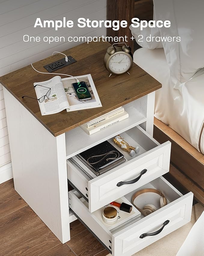 Marsail Nightstand with Charging Station, Farmhouse Bedside Table with 2 Drawers and Open Shelf, Bedside Storage Cabinet for Bedroom, Rustic End Side Table, Wood White