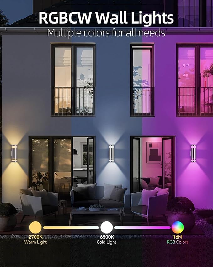 Smart Stainless Steel Outdoor Wall Light 2 Pack, WiFi RGB Up and Down Sconce with Dusk to Dawn Sensor, Color Changing Exterior Lighting Fixtures, Compatible with Alexa & Google, Remote Included