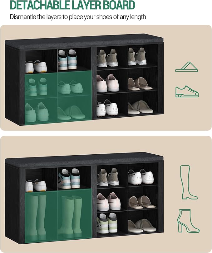 Shoe Bench with Cushion, Entryway Storage Bench with 12 Cubbies, Cubby Shoe Rack with Adjustable Shelves, Shoe Organizer Cabinet for Living Room, Bedroom, Entryway, Black SB19004GY