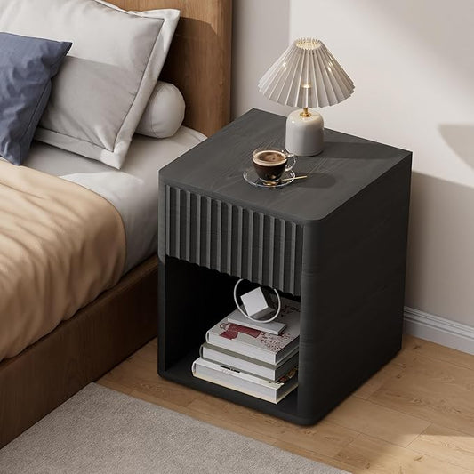 VICITON Fluted Narrow Night Stand,Thin Nightstand with Leather Surface, Small End Table with Storage, Living Room/Bed Side Table for Small Spaces (Dark Gray, Large)