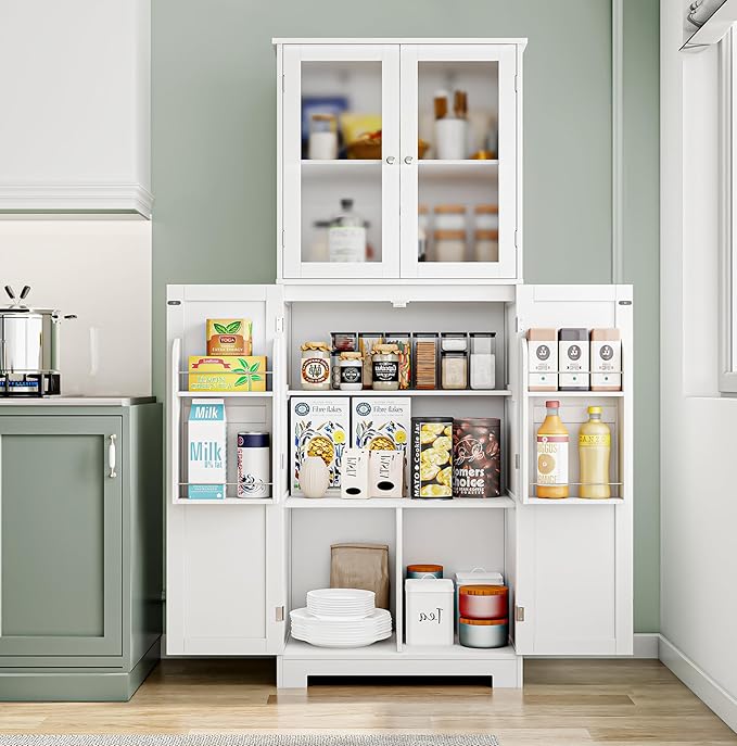 Tall Kitchen Pantry, 67-Inch High Freestanding Tall Cupboard Storage Cabinet with Glass Doors and Shelves, Modern Food Pantry Cabinet Cupboard White for Kitchen, Dining Room, Home bar