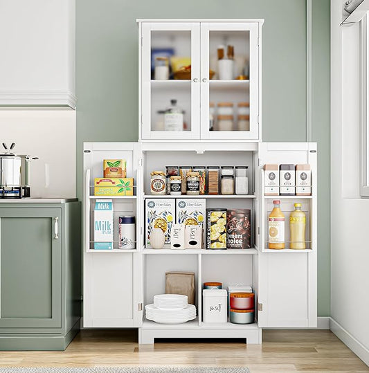 Tall Kitchen Pantry, 67-Inch High Freestanding Tall Cupboard Storage Cabinet with Glass Doors and Shelves, Modern Food Pantry Cabinet Cupboard White for Kitchen, Dining Room, Home bar