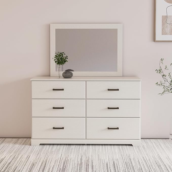 Signature Design by Ashley Stelsie Vintage Smooth-Gliding 6-Drawer Dresser and Mirror with Safety Stop, White