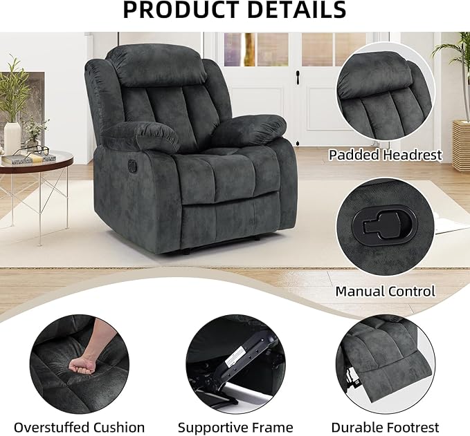 EBELLO Manual Recliner Chair, Classic and Fabric Recliner Sofa with Overstuffed Arms and Back for Living Room, Bedroom, Grey