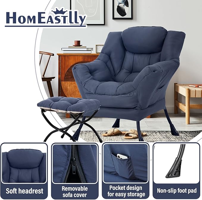 Lazy Chair with Ottoman, Large Navy Accent Chair with Ottoman, Comfy Reading Armchair, Leisure Sofa Chair for Living Room, Bedroom, Dorm Room, Office