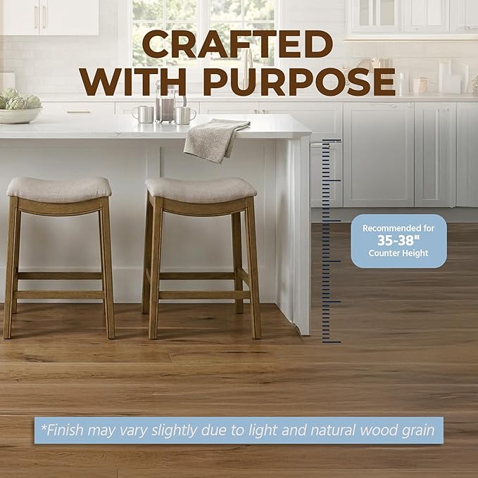 ROME + OAK Parker 26 Inch Counter Stool, Backless Saddle Kitchen Barstool in Natural Finish with Cream Fabric Upholstery Cushion Seat