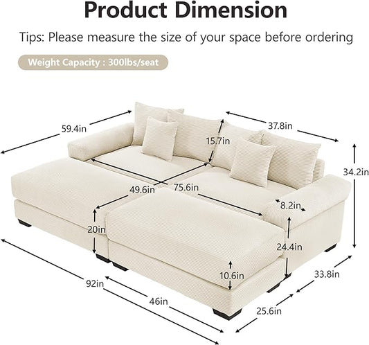 KEIKI 83" Oversized Corduroy Modular Sectional Loveseat Sofa with 2 Ottoman, High-Density Foam Cushion, Extra-Thick Armrest, Modern 2-Seater Fluffy Corner Couch with 6 Pillow, for Living Room, Beige