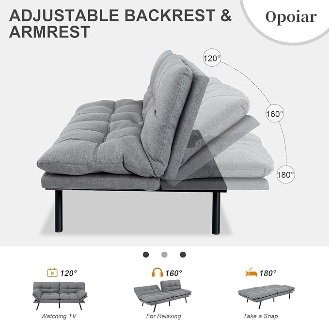 Opoiar Futon Sofa Bed Convertible Memory Foam Couch Bed Futon Sets Folding Modern Sleeper Sofa Gray Loveseat for Studio,Drom,Apartment,Game Room and Small Space