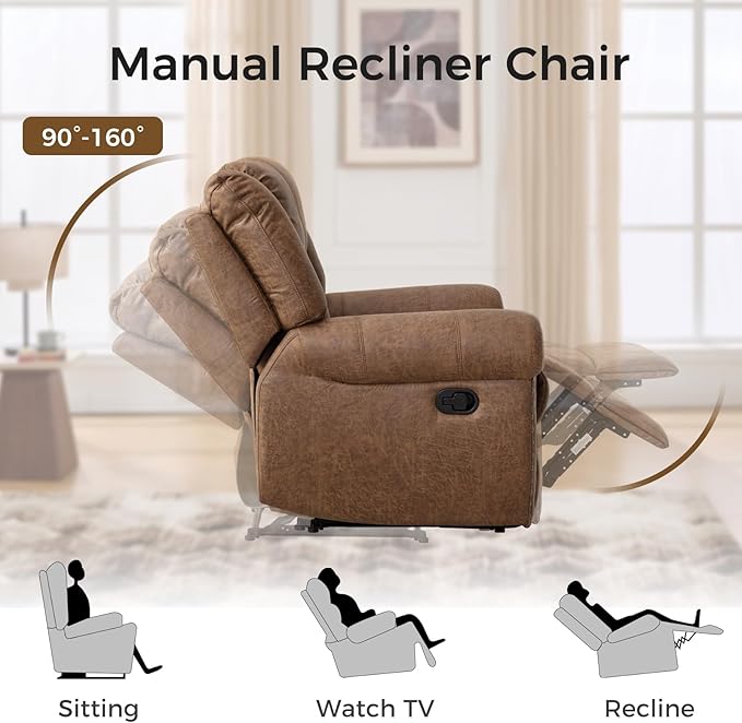 EBELLO Manual Recliner Sofa Set, Faux Leather Reclining Living Room Set, Included Two Single Recliner Chairs and One 3-seat Manual Sofa, Vintage Rivet Mid-Century Design for Living Room, Brown