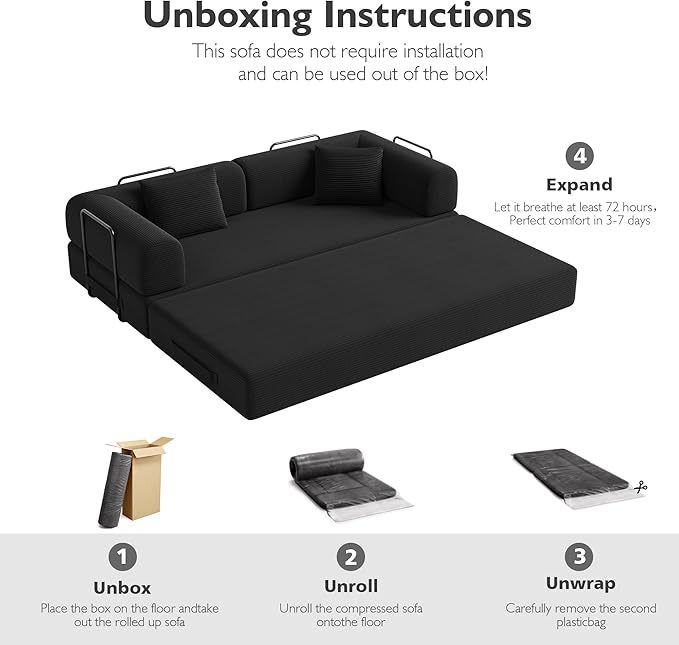 79in Convertible Sofa Bed, Corduroy Boneless Couch Bed, Futon Sleeper Sofa Pull Out Bed, Foldable Couch for Living Room Apartment, No Assembly Required