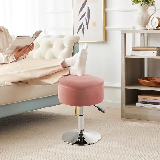 Adjustable Ottoman Stool Pink Vanity Stool Vanity Chair for Makeup Room Stool Chair for Vanity Stool with Storage Makeup Stools with Storage Swivel Makeup Chair for Bathroom Velvet