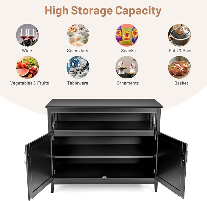 NAFORT Farmhouse Sideboard, Freestanding Buffet Cabinet with Removable Shelf, Anti-Tip Devices, Magnetic Catch, Wood Legs & Adjustable Foot Pads, Large Storage Coffee Bar for Household, Black
