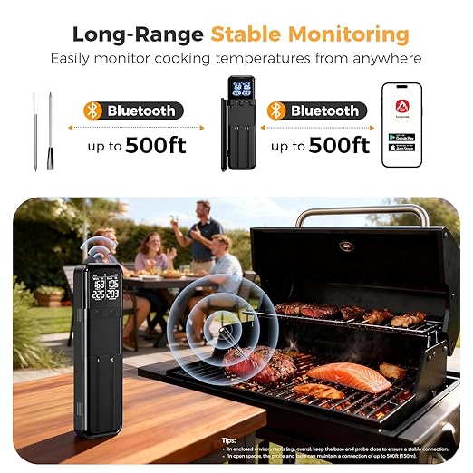 Smart Wireless Meat Thermometer,Digital Cooking Thermometer with Dual High-Accuracy Sensors, 2 Pack Ceramic Heat-Resistant Probe, Instant Read LCD & App Control for Kitchen,BBQ,Oven,Grill,Air Fryer